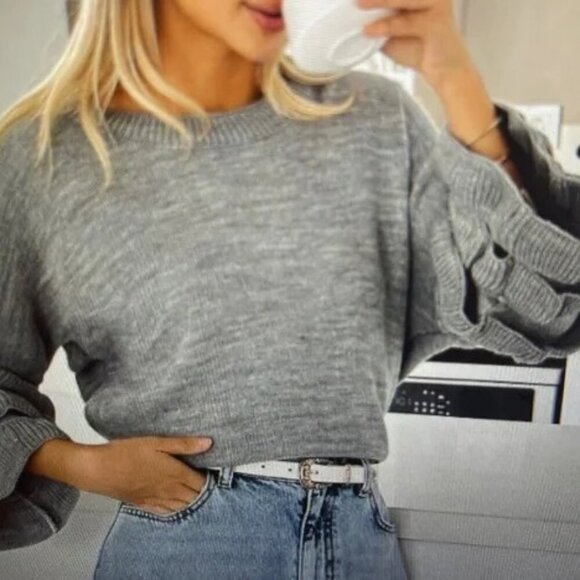 Ruffle Sleeves Round Neck Sweater Color: Grey) - Picture 2 of 5